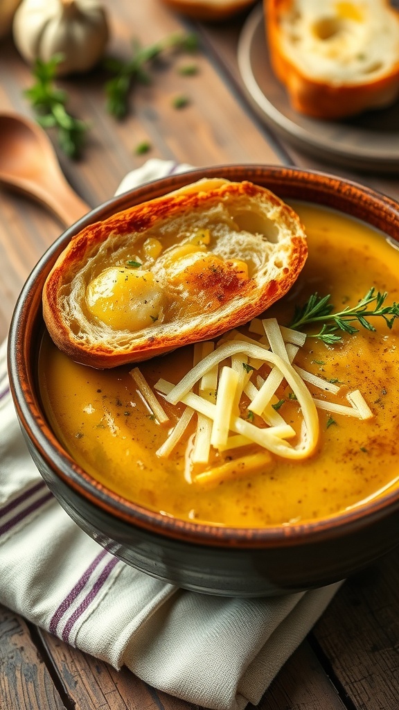 Simple 5-Ingredient French Onion Soup Recipe A bowl of French onion soup with melted cheese and toasted bread, set on a rustic table.
